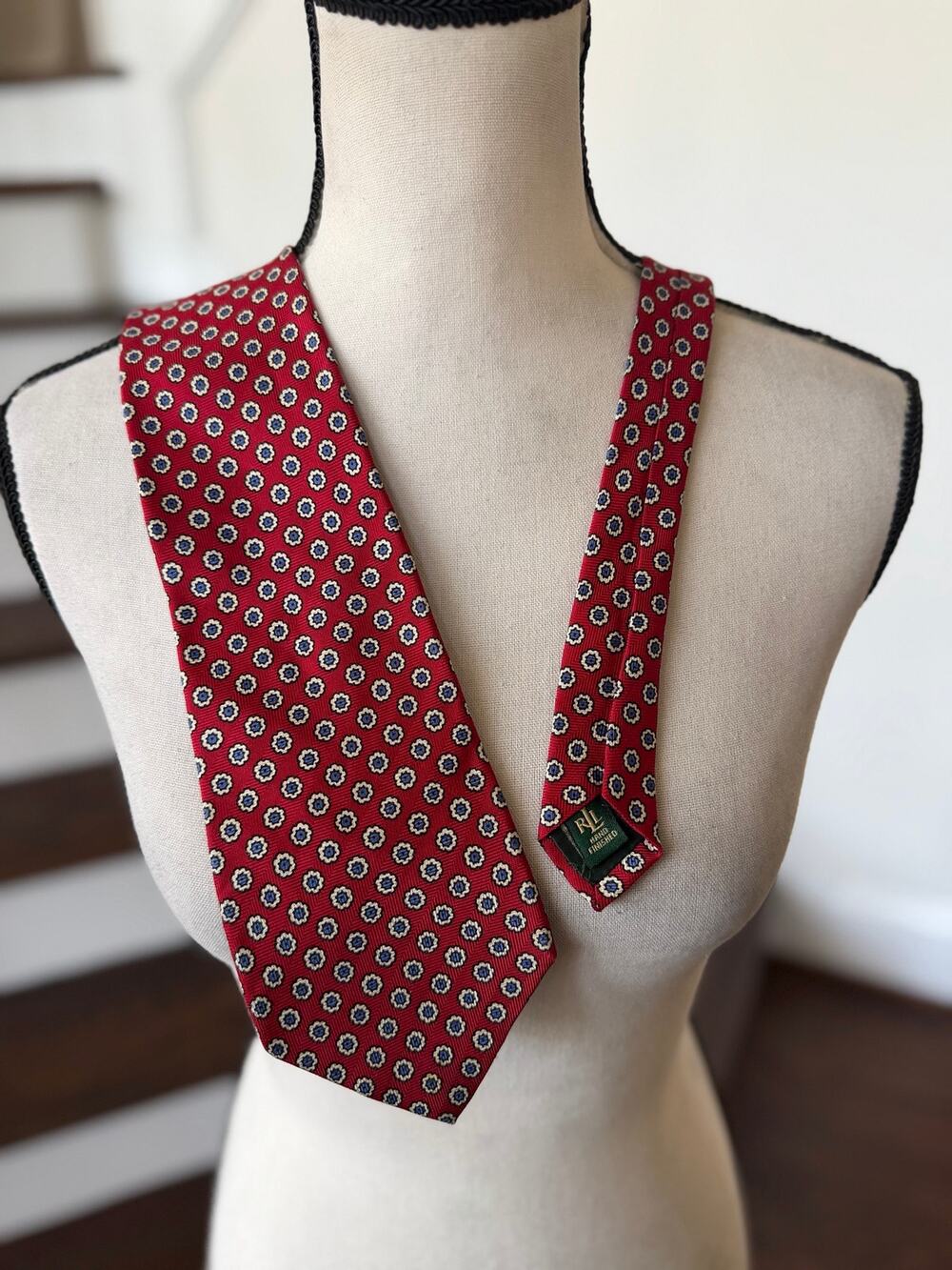 Vintage 90s Ralph Lauren Red Blue White Dot Silk Wide Tie (4 inch width)